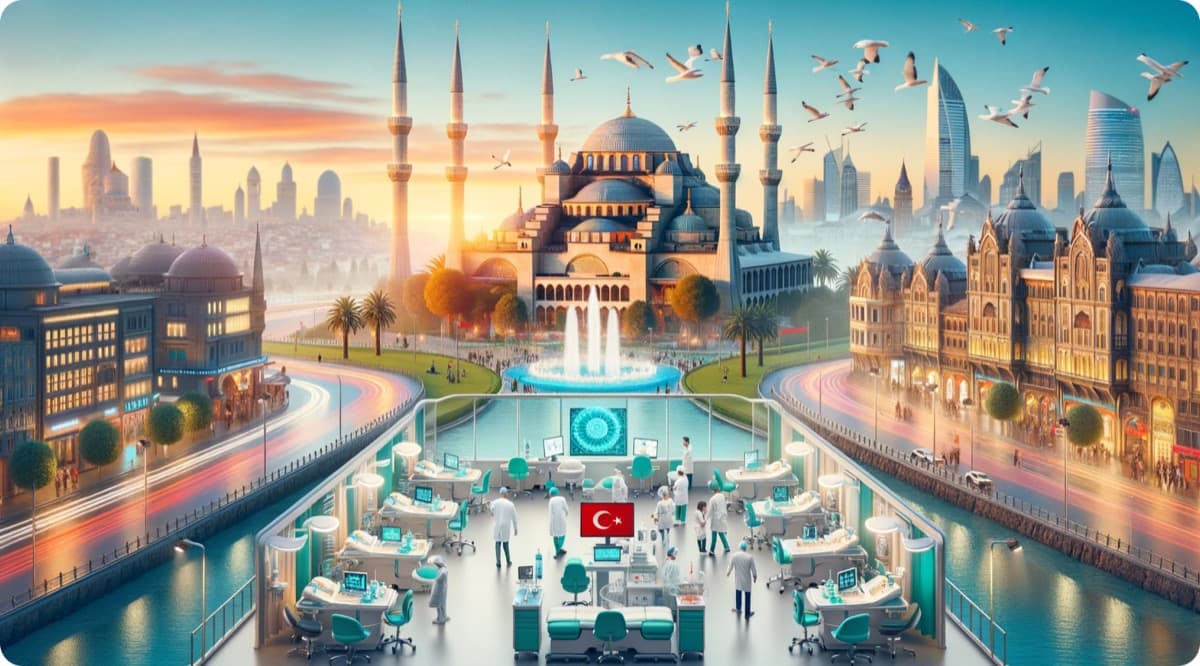 İstanbul silueti önünde modern bir hastane alanını gösteren sağlık turizmi illüstrasyonu