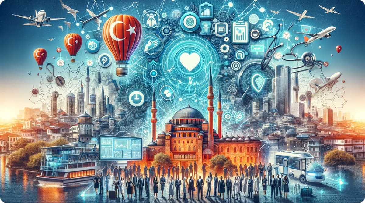 İstanbul silueti, Türk bayrağı desenli balonlar ve dijital sağlık simgelerinden oluşan sağlık turizmi illüstrasyonu